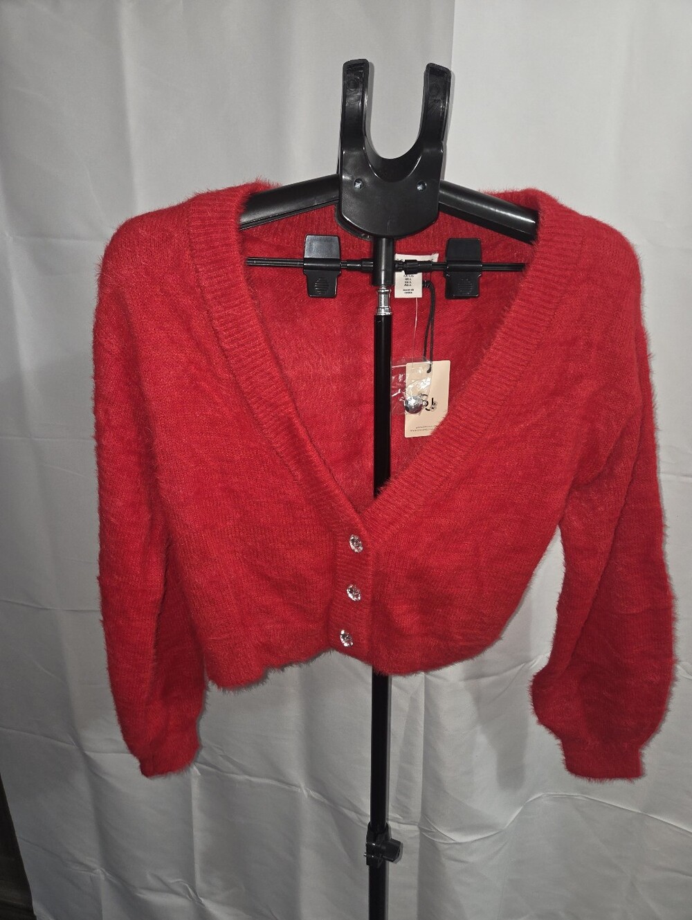 Sincerely Jules Red Fuzzy Cropped Cardigan Rhinestone Buttons Y2K V-Neck Sweater